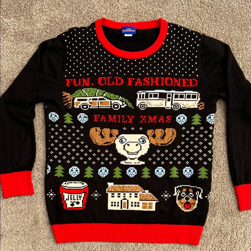 Ugly Christmas Vacation Black & Red Men's Sweater with Griswold Graphics. Size L